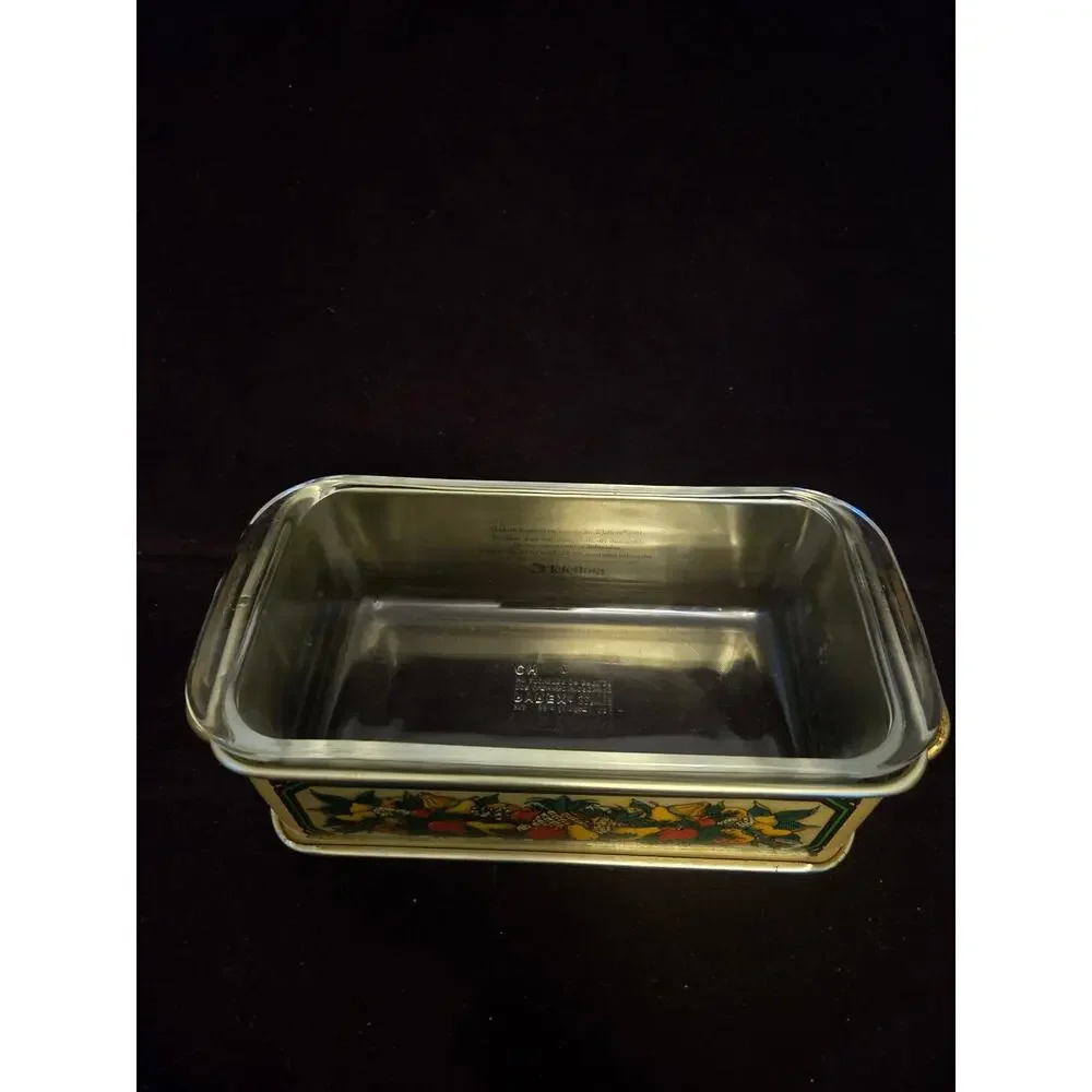 Vintage 1981 Teleflora decorative metal carrier with 1.5-quart glass loaf pan